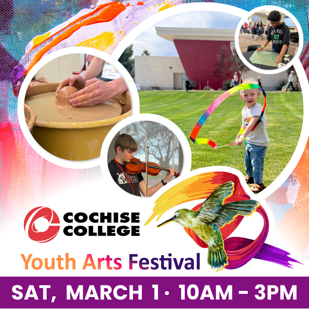 Youth Arts Festival graphic featuring photos of children and teens engaging in various arts activities, including pottery, violin, kite-making, and ribbon dancing. The event is on Saturday, March 1, from 10 AM to 3 PM. The design includes vi