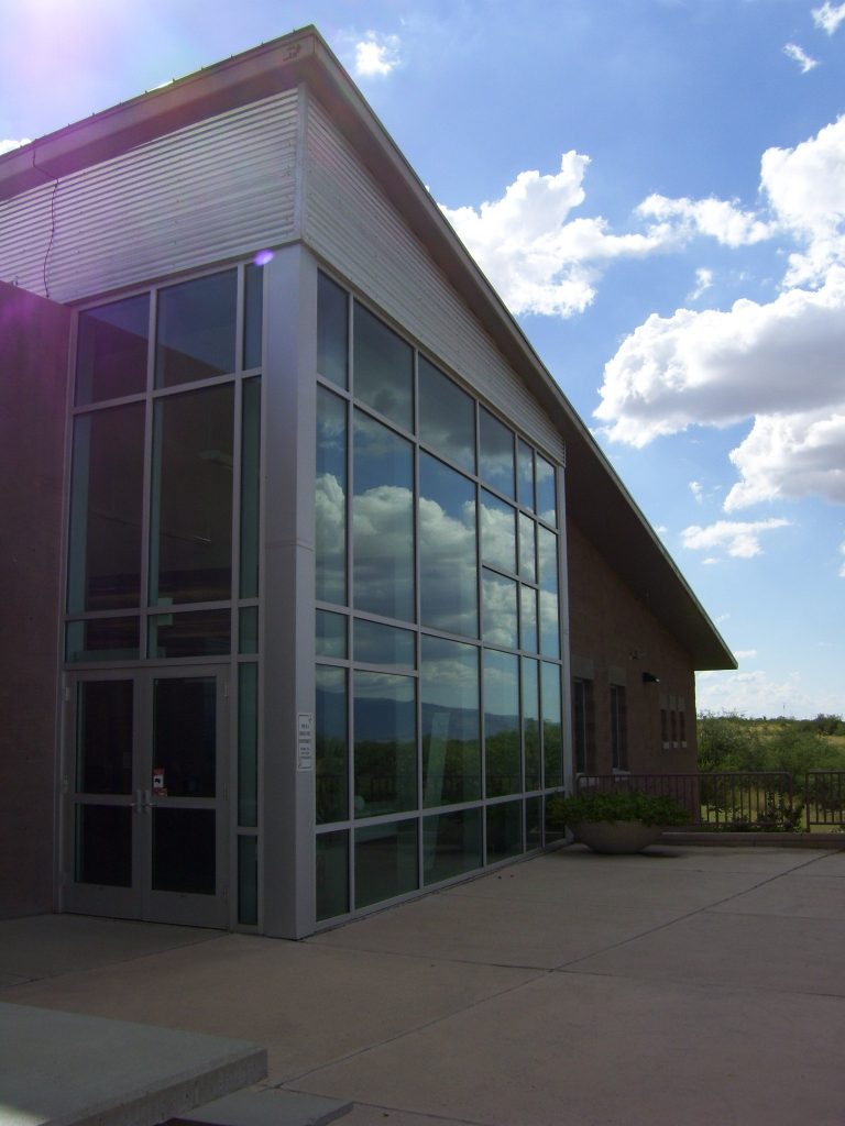 Benson Center glass wall from back patio